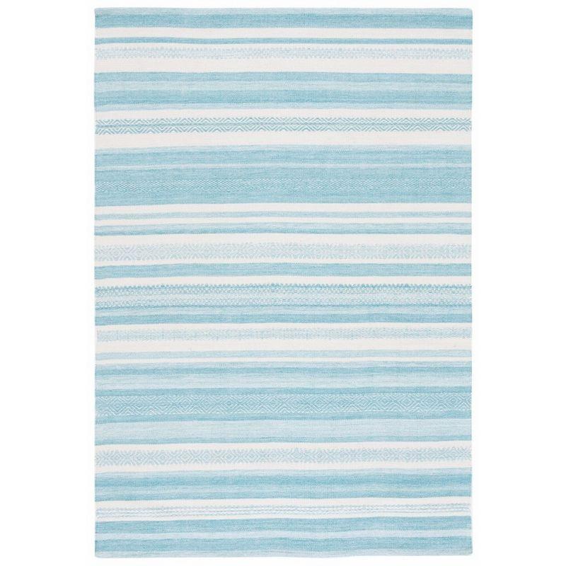 Ivory and Turquoise Striped 4' x 6' Flat Woven Wool Rug