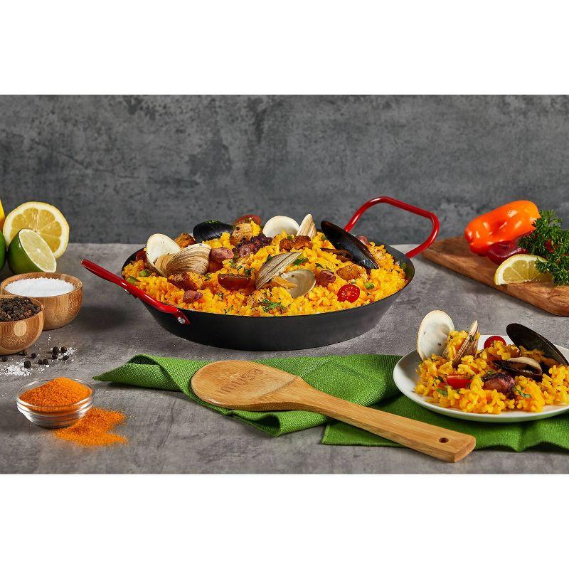 IMUSA 10" Coated Nonstick Paella Pan with Red Handles: Carbon Steel Cookware, Hand Wash, Gas & Electric Compatible