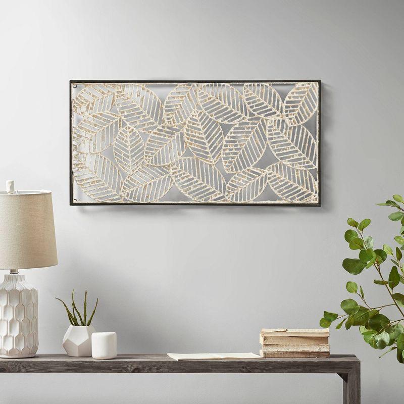 32" x 16" Cream Paper Cloaked Leaves Metal Framed Wall Sculpture