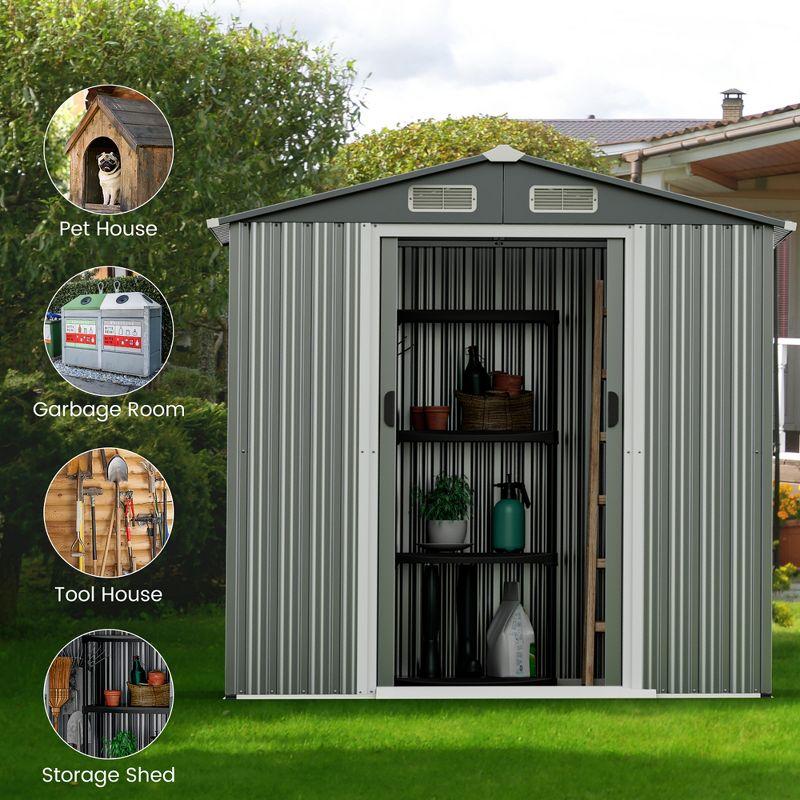 Costway 6 x 4 FT Outdoor Storage Shed Galvanized Steel Shed with Sliding Doors Wood Grain Natural/Grey