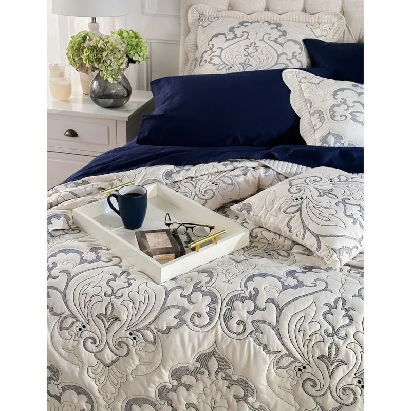 Ashley Blue Full Quilted Damask Polyester Bedspread