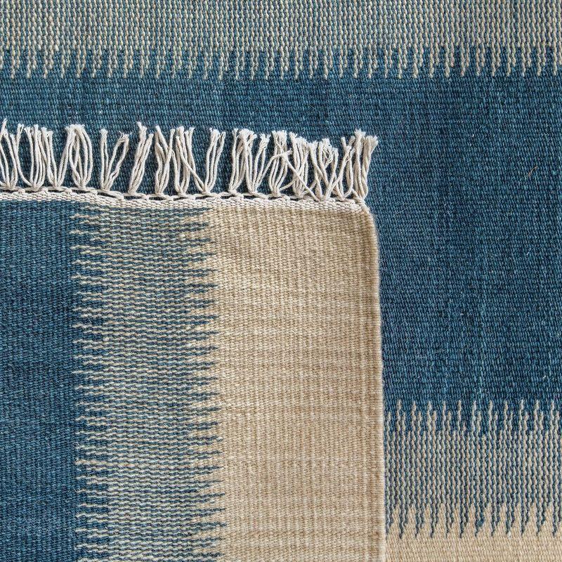 Handwoven Blue and Ivory Wool Geometric Square Rug