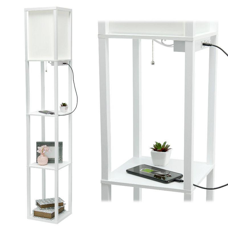 Simple Designs Floor Lamp Etagere Organizer Storage Shelf with 2 USB Charging Ports and Linen Shade White: Modern Pull Chain, ETL Listed