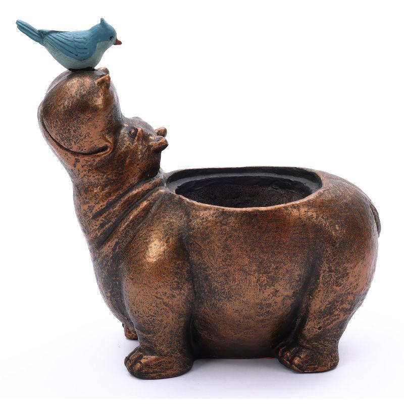 LuxenHome Brown Hippo and Blue Bird MgO Flower Pot Planter