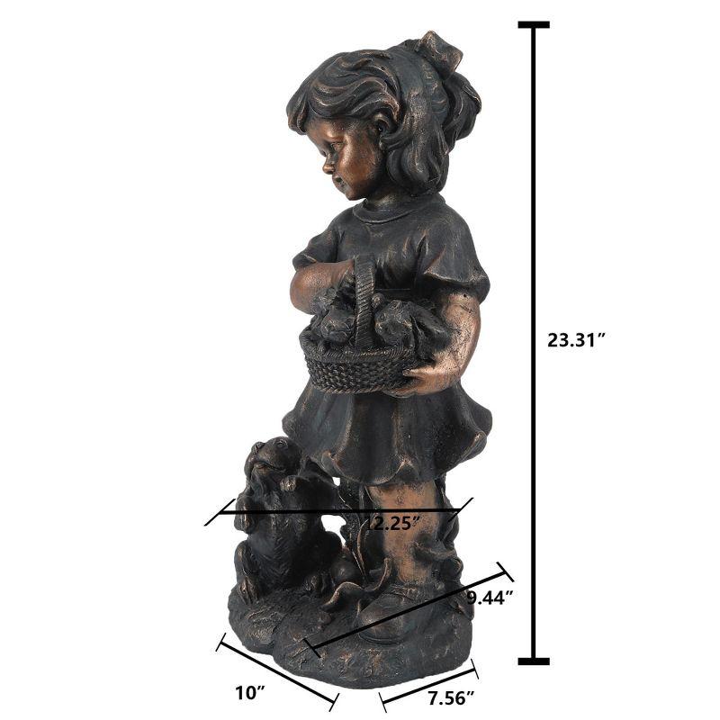 LuxenHome 23.31" Bronze MgO Girl Holding Basket of Kittens with Puppy Garden Statue Brown