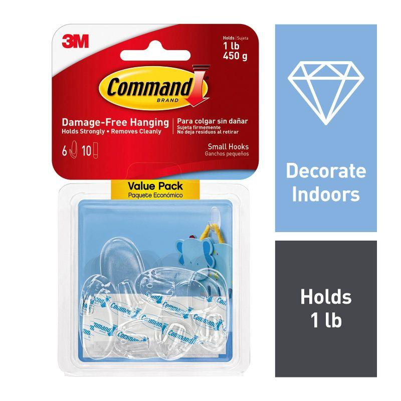 Command Small Sized Decorative Hooks Value Clear: Adhesive Plastic Hooks, 6 Pack, 1 lb Capacity, Small Command Strips