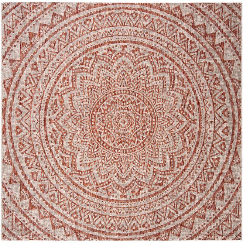 Josiah Floral Medallion 5'3" Square Indoor/Outdoor Rug in Light Beige/Terracotta