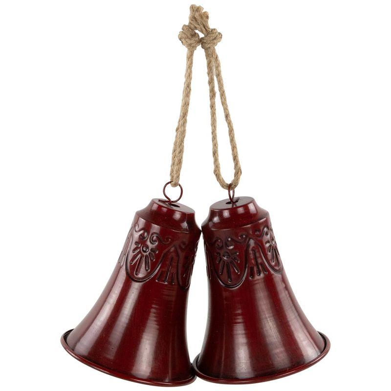 Burgundy Embossed Metal Christmas Bell Ornaments with Jute Rope - Set of 2