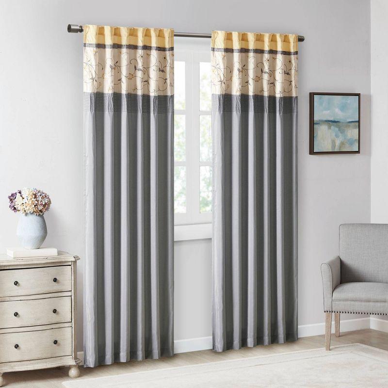 Yellow and Gray Embroidered Polyester Blackout Curtain Panel, 50" x 84"