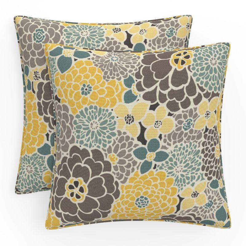 Bright Floral Yellow and Gray Square Outdoor Throw Pillows, Set of 2