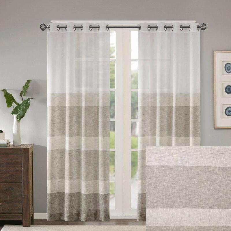 Neutral Faux Linen Striped Sheer Grommet Curtain Panel