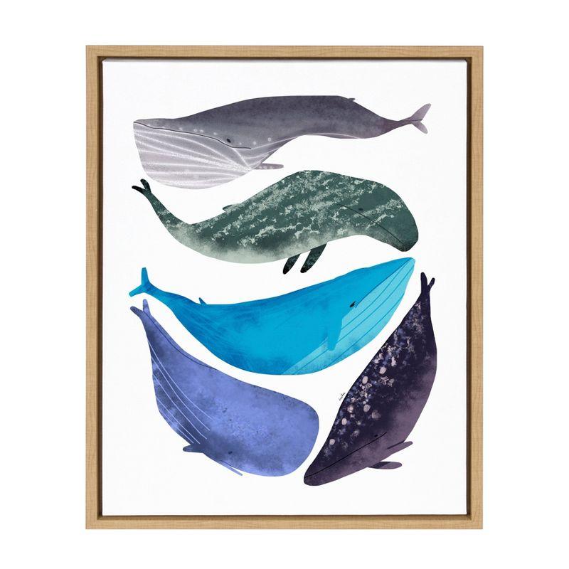 Sylvie Whales Blue and Green Canvas Print with Natural Frame