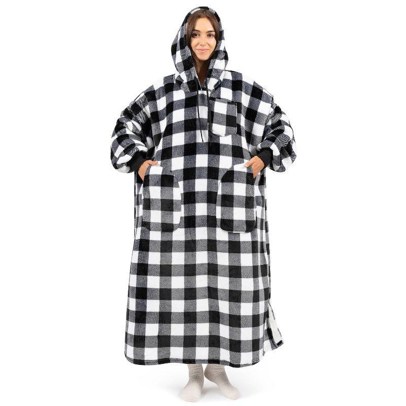 PAVILIA Wearable Blanket Hoodie Adults, Faux Shearling Cozy Oversized Hooded Sweatshirt, Warm Fleece Two Pockets (Checker White - Long, Adult)