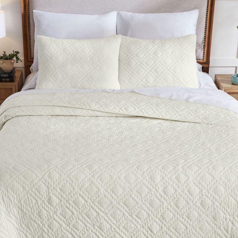 Luxury 100% Cotton Quilt Set, Hand-Quilted, Pre-Softened, Diamond Pattern by California Design Den - Creamy Ivory, King