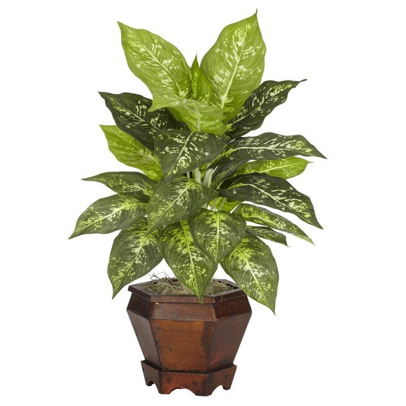 Nearly Natural Dieffenbachia with Wood Vase Silk Plant (Set of 2), Golden