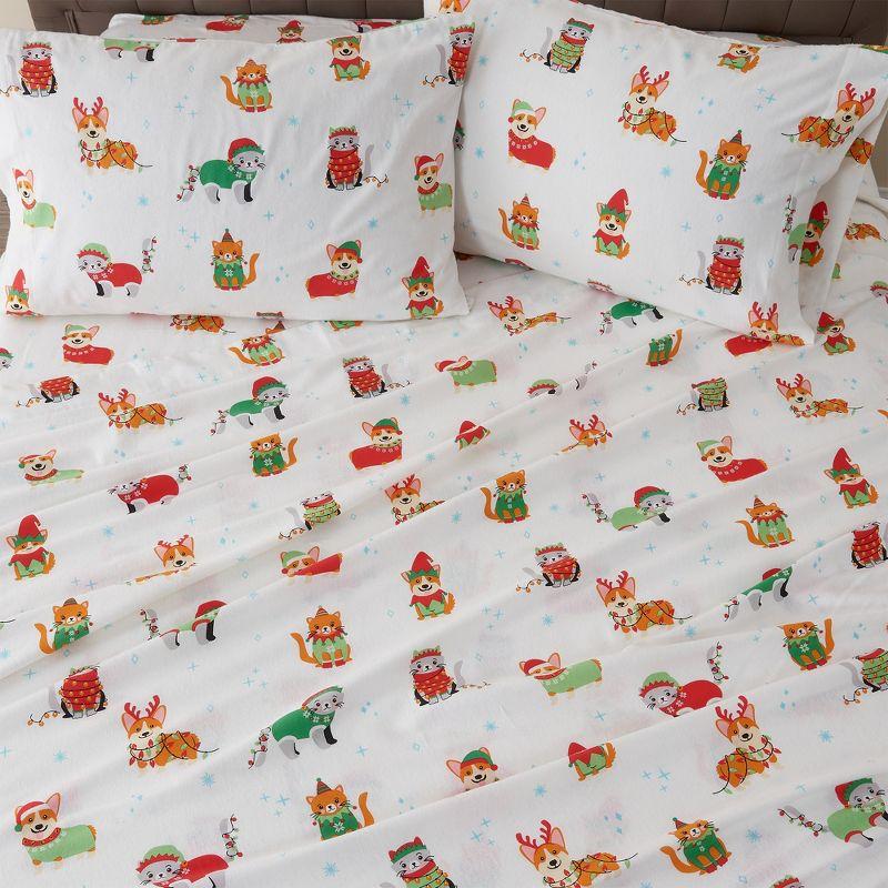 100% Cotton Christmas Flannel Sheets - Great Bay Home (Queen, Dog Cat Christmas)