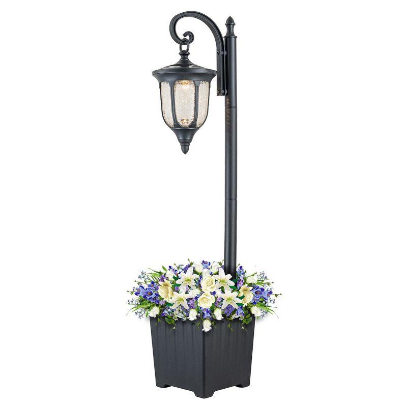 Black Solar Lamp Post with Planter and Crackle Glass Shade