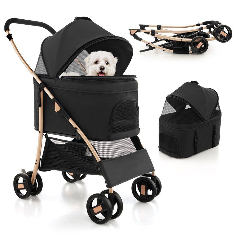 Black and Gold 3-in-1 Pet Stroller with Adjustable Canopy