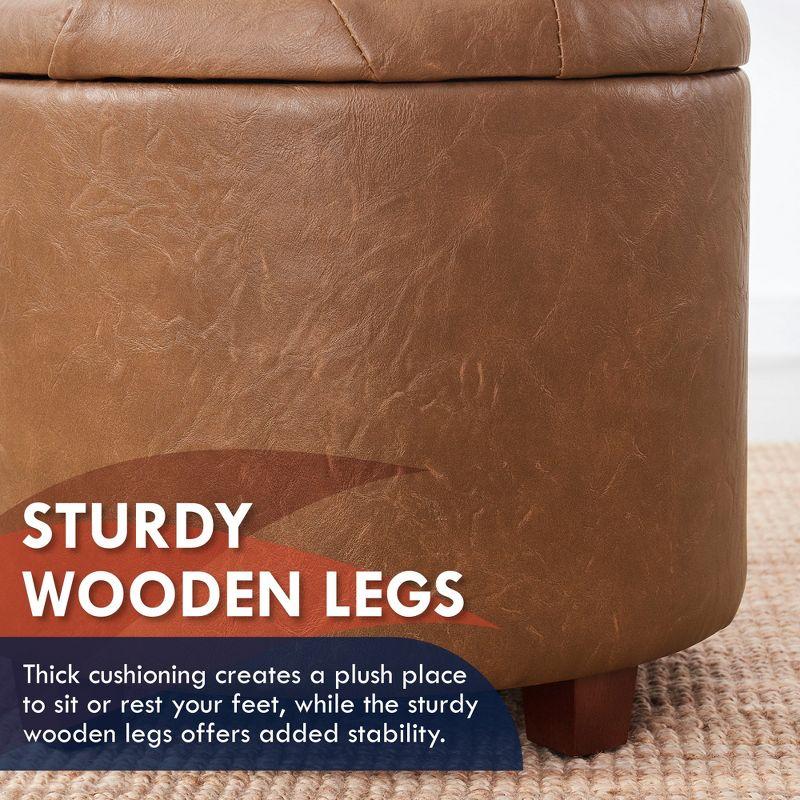 Ornavo Home Faux Leather Upholstered Round Tufted Storage Ottoman with Wooden Legs - Cognac