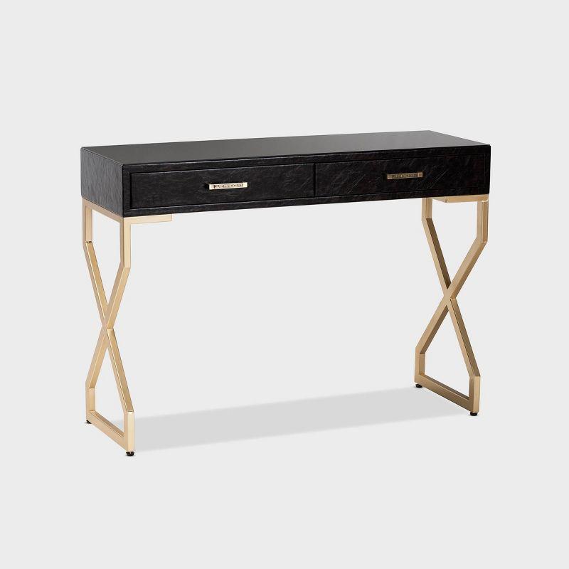 Carville Gold-Finished Metal & Dark Brown Faux Leather Console Table with Glass Top