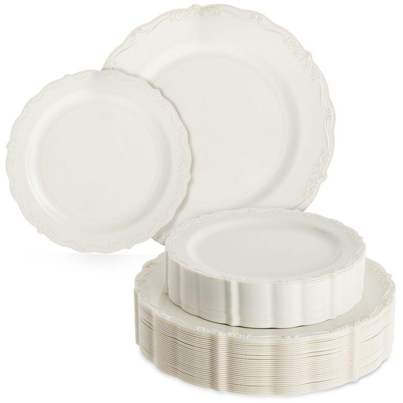 Elegant Cream Vintage Design Plastic Plate Set, 60 Pieces