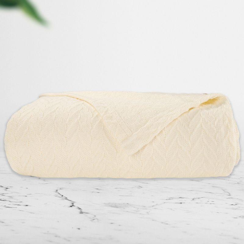 Bed Blanket | Soft 100% Cotton | Herringbone Design | All-Season Thermal Layering by California Design Den - Ivory, King (106" x 94")