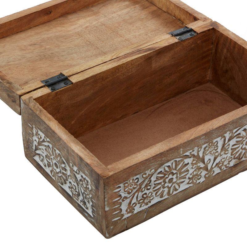 Set of 3 Mango Wood Carved Floral Boxes - Olivia & May: Coastal Style with Lids, Indoor Use, Non-Slip Base