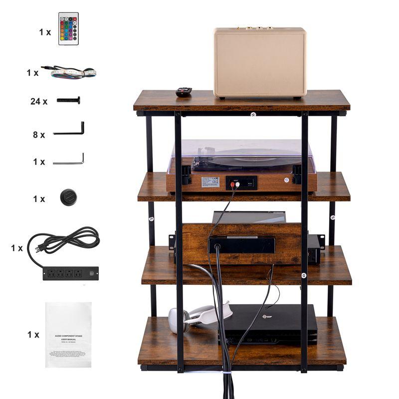 VEVOR 4-Tier AV Media Stand with Power Strips, Corner TV Stand with LED Lights, Height Adjustable Wooden Shelves