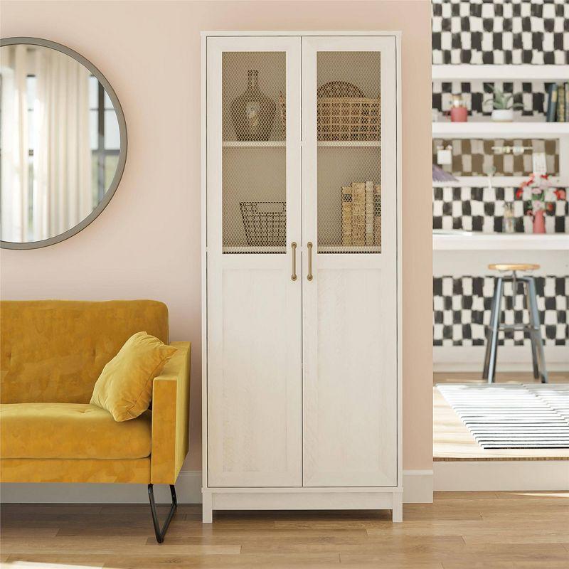 Ivory Oak 2-Door Storage Cabinet with Gold Mesh Doors