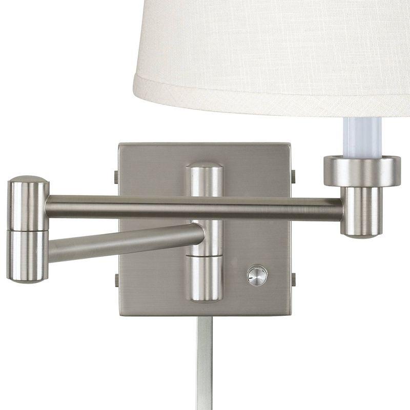 Possini Euro Design Modern Swing Arm Wall Lamp with Cord Cover Brushed Nickel Plug-In Light Fixture White Linen Shade for Bedroom