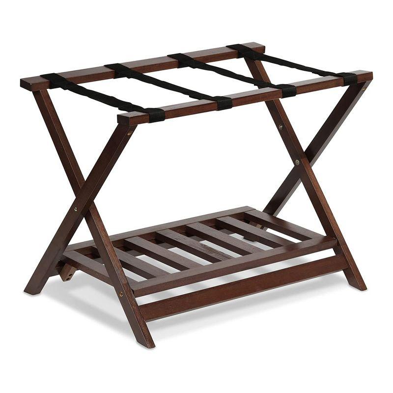 Walnut Folding Wooden Luggage Rack with Bottom Shelf