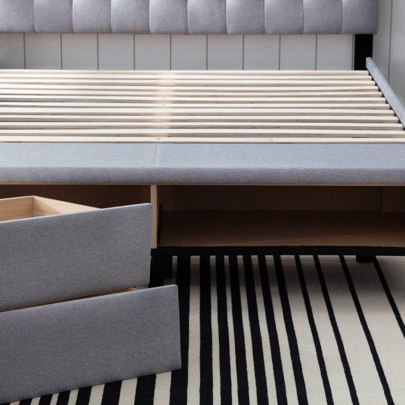 Anna Queen Gray Upholstered Platform Bed with Storage Drawers