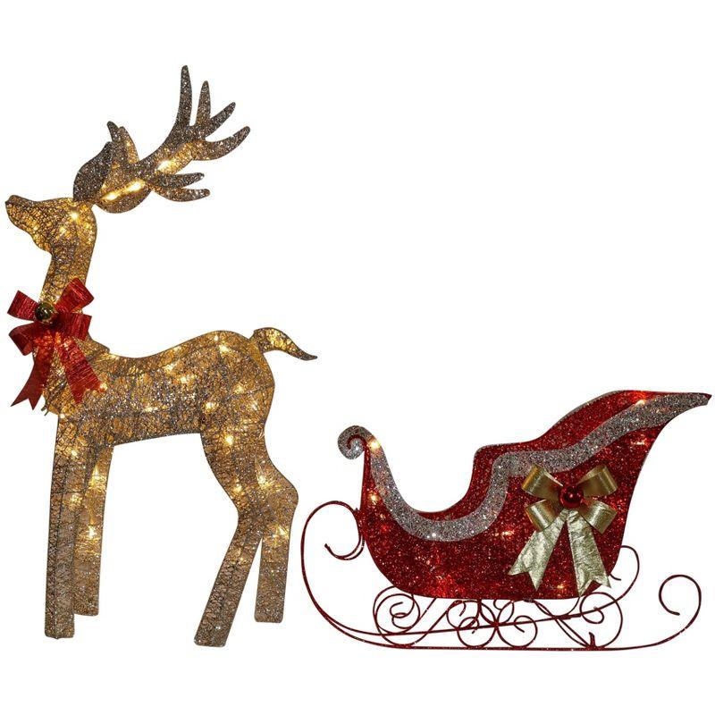 Gold Glitter Reindeer and Red Sleigh Set with LED Lights