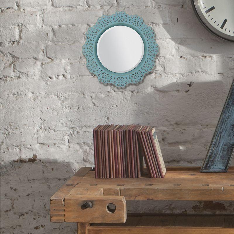 Blue Round Metal Lace Hanging Wall Mirror with Brass Highlights