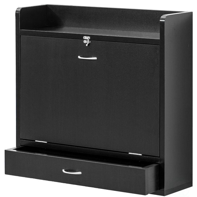 Basicwise Wall Mount Folding Laptop Writing Computer or Makeup Desk with Storage Shelves and Drawer, Black