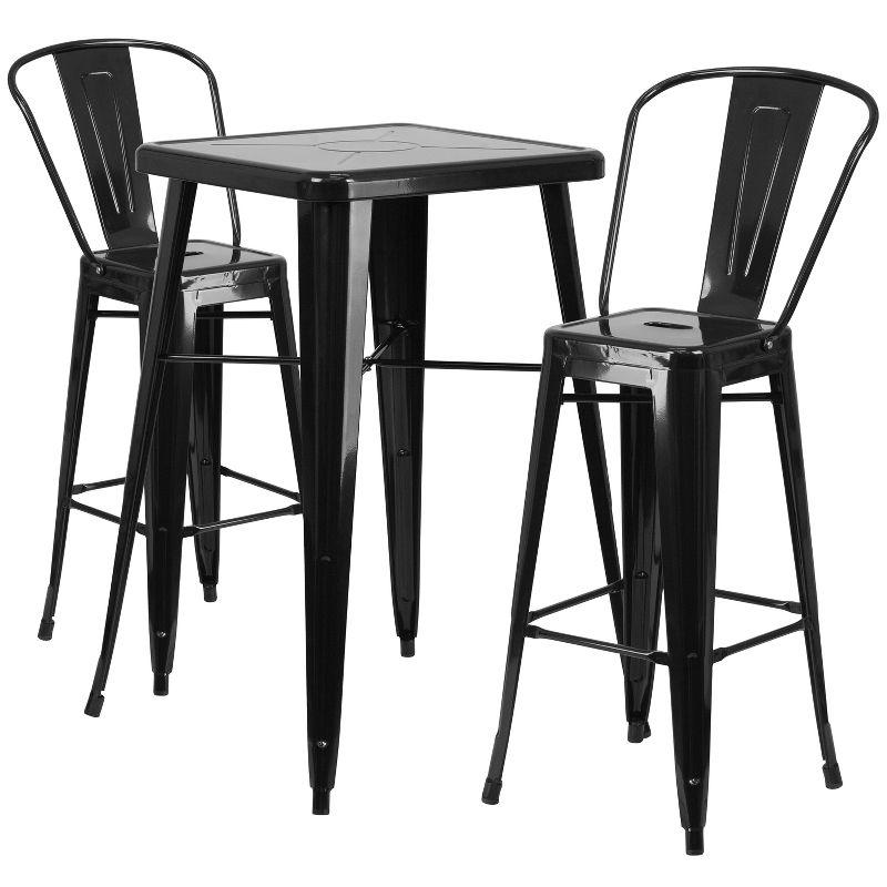 23.75" Square Black Steel Indoor-Outdoor Bar Table Set with 2 Stools