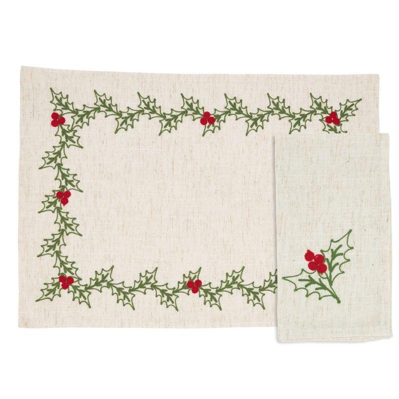 Natural Embroidered Holly Holiday Placemats and Napkins Set