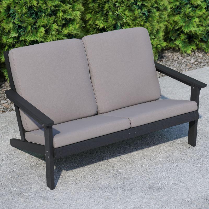 Flash Furniture Charlestown All-Weather Poly Resin Wood Adirondack Style Deep Seat Patio Loveseat with Cushions, Black/Charcoal