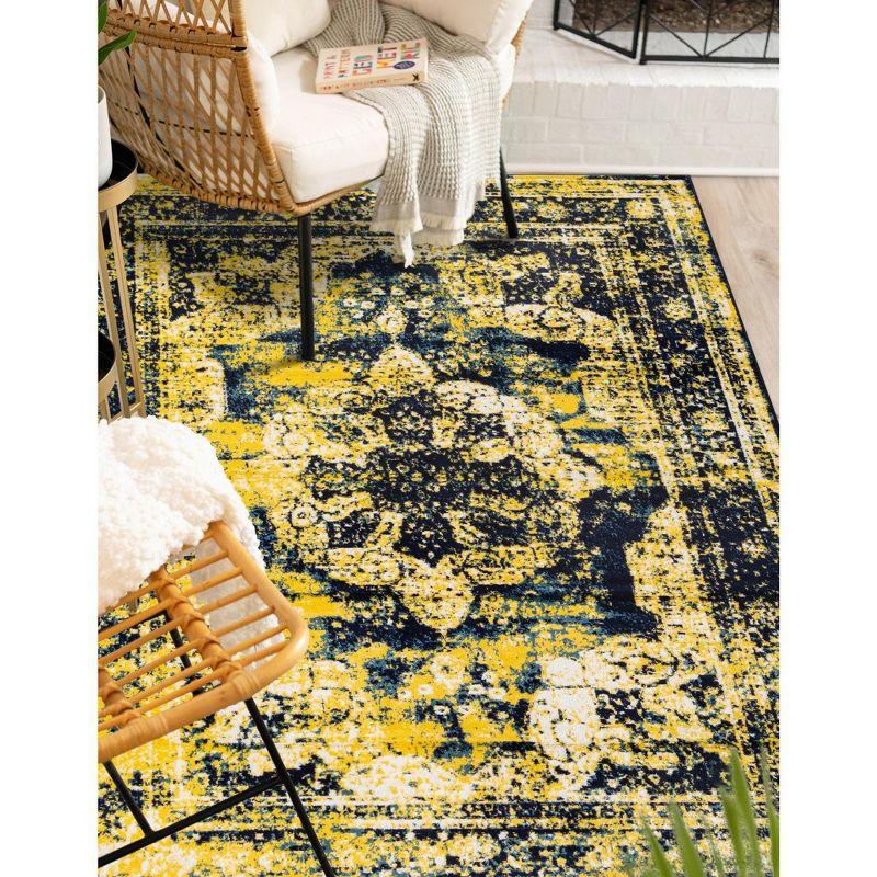 Reversible Navy Blue and Yellow Synthetic Area Rug 4'x6'