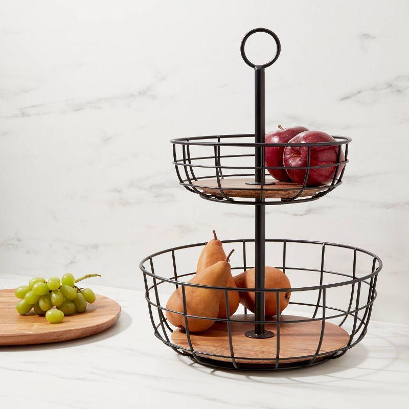 Black Iron and Mangowood 2-Tier Wire Fruit Basket