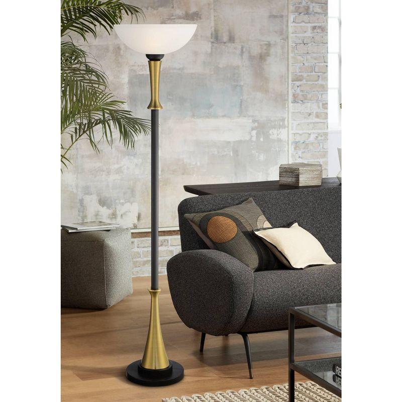 Possini Euro Design Burbank Modern Art Deco Torchiere Floor Lamp 70" Tall Black Brass Frosted White Glass Shade for Living Room Bedroom Office House