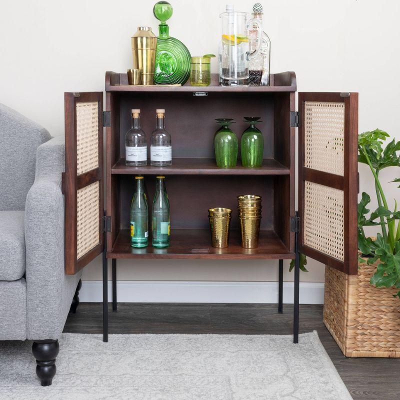 Walnut and Natural Boho Wood Bar Cabinet with Cane Doors