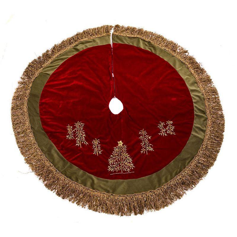 Kurt Adler 50" Burgundy Ribbon Trees Tree skirt with Green Tassel Border