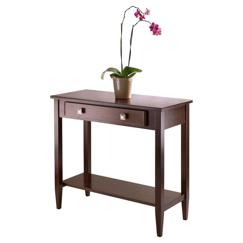 Richmond Console Table with Tapered Leg Walnut Finish - Winsome: Modern Storage, Brushed-Chrome Knobs