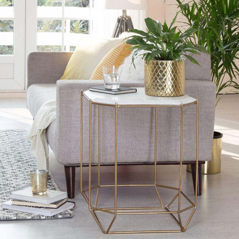 White Marble Top Accent Table with Gold Metal Base, 26"