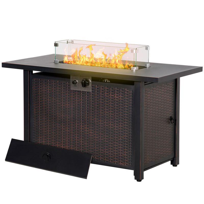 Outsunny 43" Fire Pit Table, Rectangle Propane Fire Table, 50,000BTU, with Glass Wind Guard, Blue Glass Rock, Lid, Auto Ignition, CSA Certification