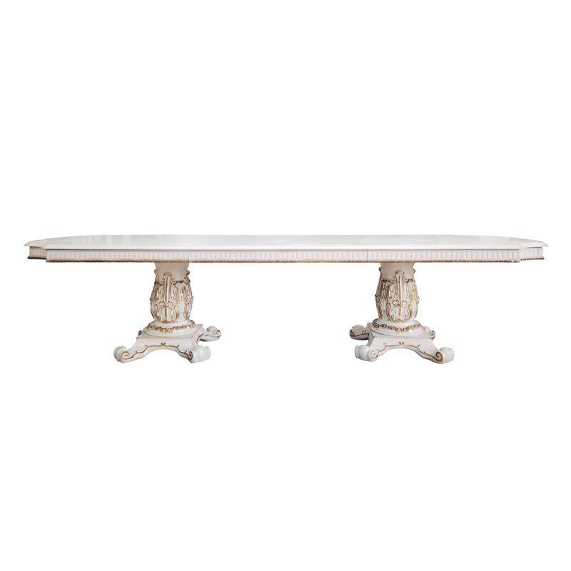 120" Vendome Dining Table Antique Pearl Finish - Acme Furniture: Double Pedestal, Gold Accents, 8 Seats