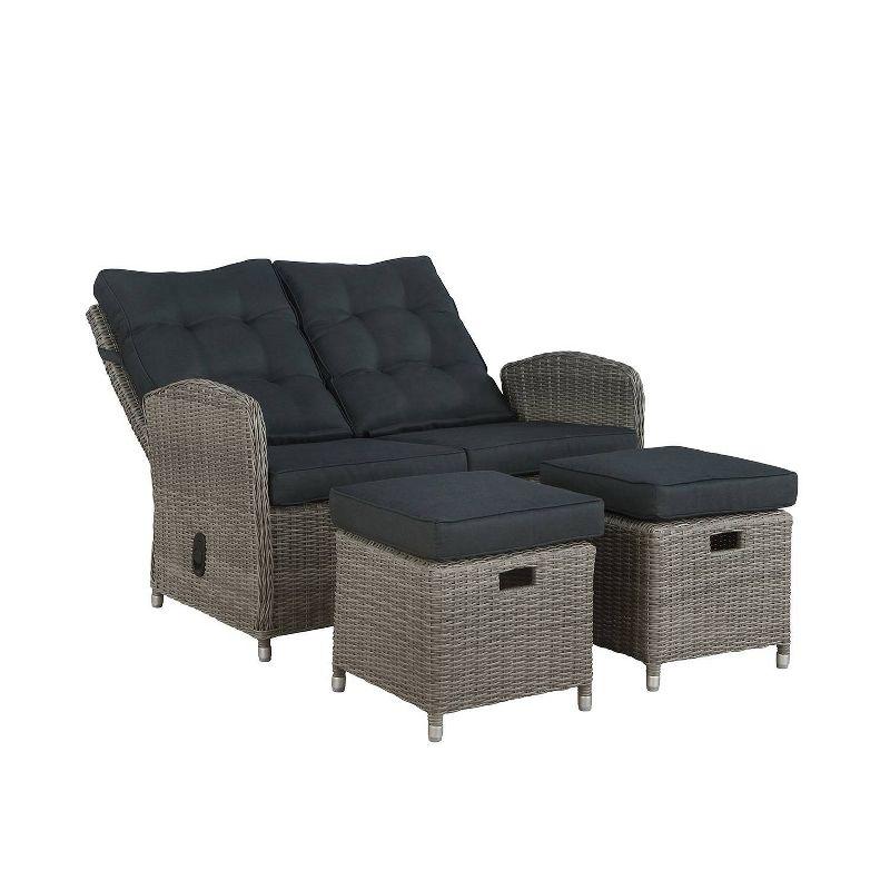 Monaco 3pc Set with 2 Seat Reclining Bench & 2 Ottomans - Gray - Alaterre Furniture: All-Weather Wicker, Aluminum Frame