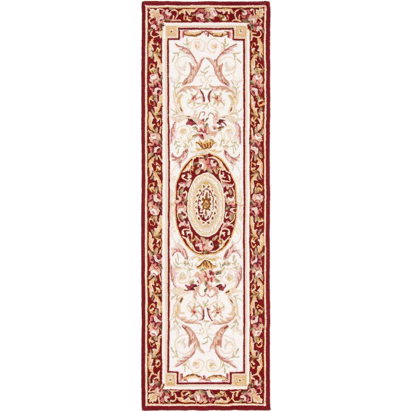 Elegant Ivory and Burgundy Hand-Knotted Wool Runner Rug