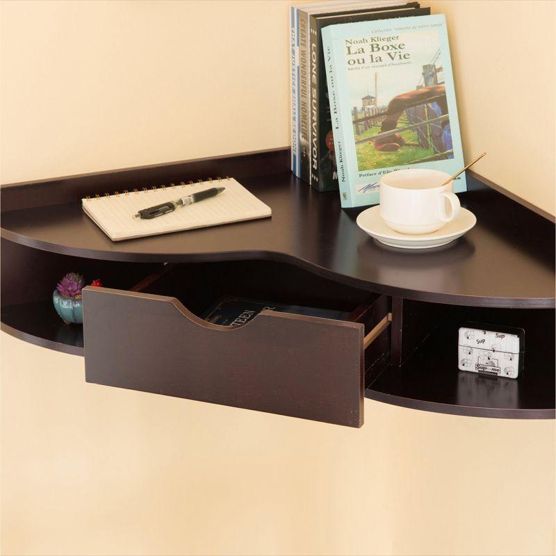 Basicwise Brown Corner Desk Heart Shaped Wall Mounted Office Table with Drawer and Two Shelves Computer Writing Desk